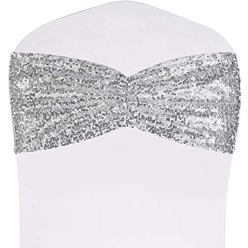 Poise3EHome Silver Sequin Chair Sashes Folding Chair Covers Bow for Party Wedding Reception Decorations 50 PCS