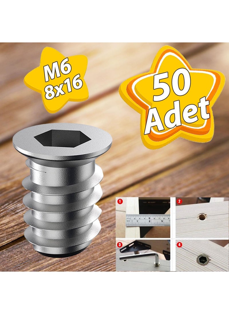 Glaswen Metal Straight Threaded Dowel Wood Dowel M6 8X16 Teeth Zinc Furniture Connection Unit Joining (50 Pieces)  - Image 1