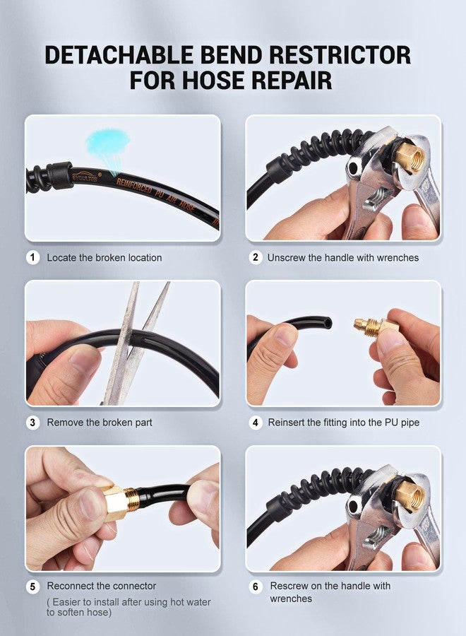 EVOULTES 1/4 In x 28 Ft Polyurethane Recoil Air Hose, Repairable Air Compressor Hose with Detachable Bend Restrictor, Air Hose kit w/ 360° Swivel 1/4" NPT Coupler & Brass Quick Connect Air Fittings - Image 5