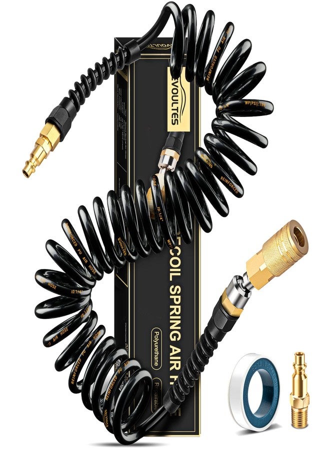 EVOULTES 1/4 In x 28 Ft Polyurethane Recoil Air Hose, Repairable Air Compressor Hose with Detachable Bend Restrictor, Air Hose kit w/ 360° Swivel 1/4" NPT Coupler & Brass Quick Connect Air Fittings - Image 1