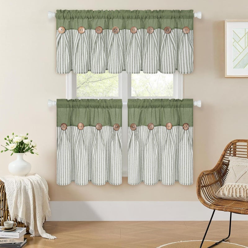 ASPMIZ Linen Kitchen Curtains 24 Inch Length, Farmhouse Boho Button Kitchen Window Curtain Over Sink, Green Striped Short Curtains for Small Windows, Bathroom, Rod Pocket Window Treatment Tiers - Image 3