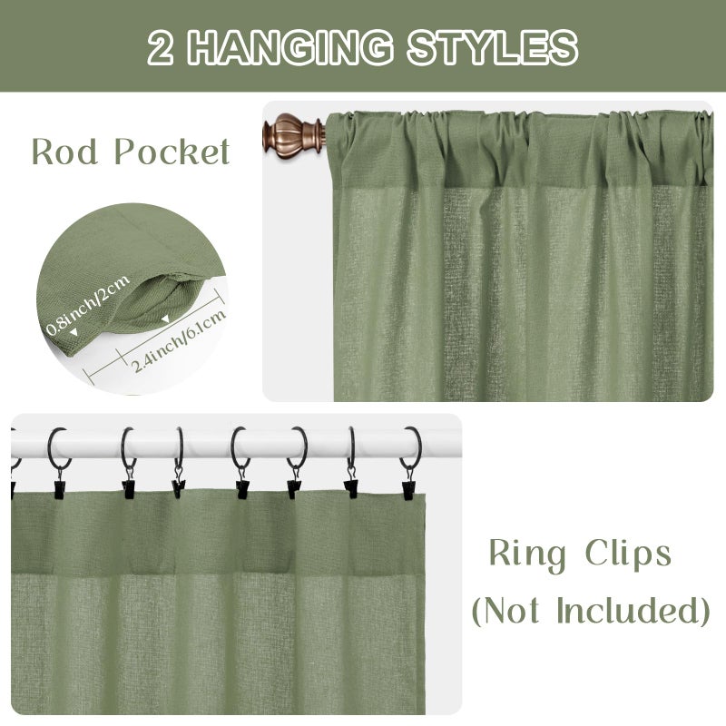 ASPMIZ Linen Kitchen Curtains 24 Inch Length, Farmhouse Boho Button Kitchen Window Curtain Over Sink, Green Striped Short Curtains for Small Windows, Bathroom, Rod Pocket Window Treatment Tiers - Image 4