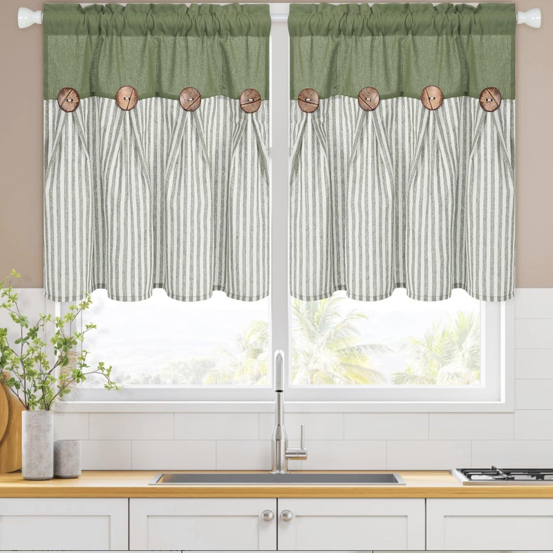 ASPMIZ Linen Kitchen Curtains 24 Inch Length, Farmhouse Boho Button Kitchen Window Curtain Over Sink, Green Striped Short Curtains for Small Windows, Bathroom, Rod Pocket Window Treatment Tiers - Image 2