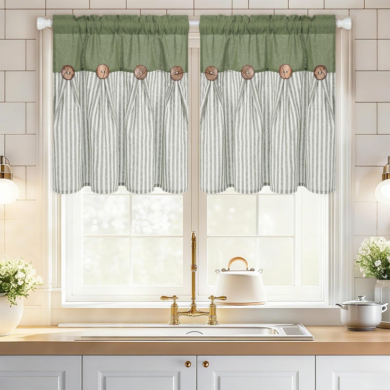 ASPMIZ Linen Kitchen Curtains 24 Inch Length, Farmhouse Boho Button Kitchen Window Curtain Over Sink, Green Striped Short Curtains for Small Windows, Bathroom, Rod Pocket Window Treatment Tiers - Image 1