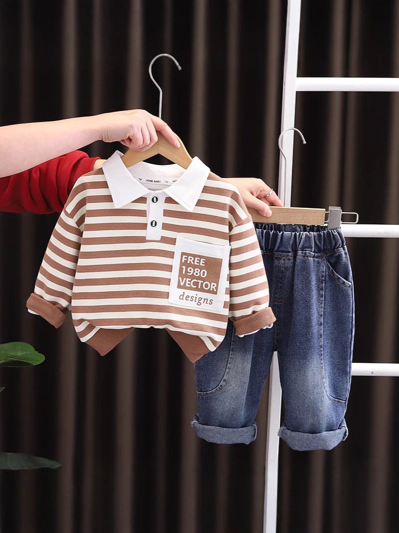 Boys' Spring Lapel Polo Shirt Striped Long Sleeve Suit Children'S Casual Korean Jeans Spring - Image 4