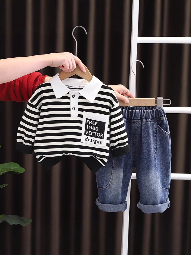 Boys' Spring Lapel Polo Shirt Striped Long Sleeve Suit Children'S Casual Korean Jeans Spring - Image 5