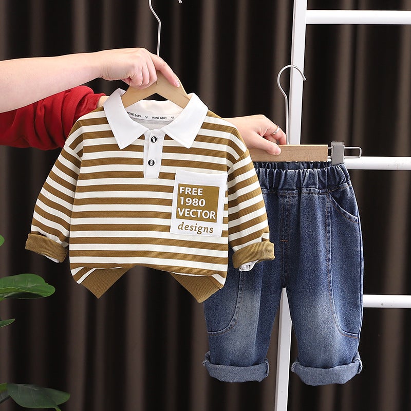 Boys' Spring Lapel Polo Shirt Striped Long Sleeve Suit Children'S Casual Korean Jeans Spring - Image 1