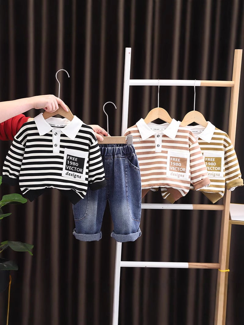 Boys' Spring Lapel Polo Shirt Striped Long Sleeve Suit Children'S Casual Korean Jeans Spring - Image 2