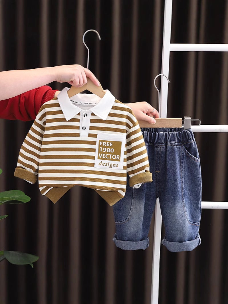 Boys' Spring Lapel Polo Shirt Striped Long Sleeve Suit Children'S Casual Korean Jeans Spring - Image 3