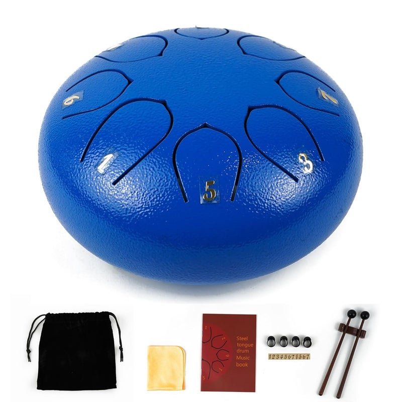 Regis 8 Notes 6 Inch Blue Alloy Steel Tongue Drum – Handpan Percussion Drum for Kids & Adults, Meditation, Yoga, Music Therapy – Includes Mallets, Finger Picks & Travel Bag – Blue - Image 1