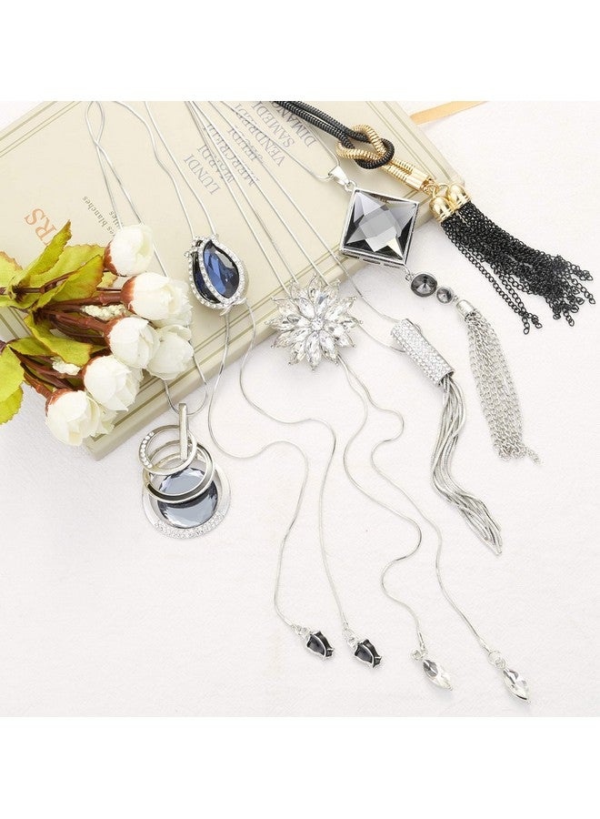 Jstyle 6Pcs Women Long Sweater Necklace Silver Plated Rhinestone Flower Tassel Pendant Neckace Jewelry Women Gifts - Image 3
