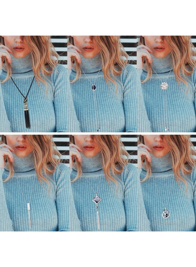 Jstyle 6Pcs Women Long Sweater Necklace Silver Plated Rhinestone Flower Tassel Pendant Neckace Jewelry Women Gifts - Image 2