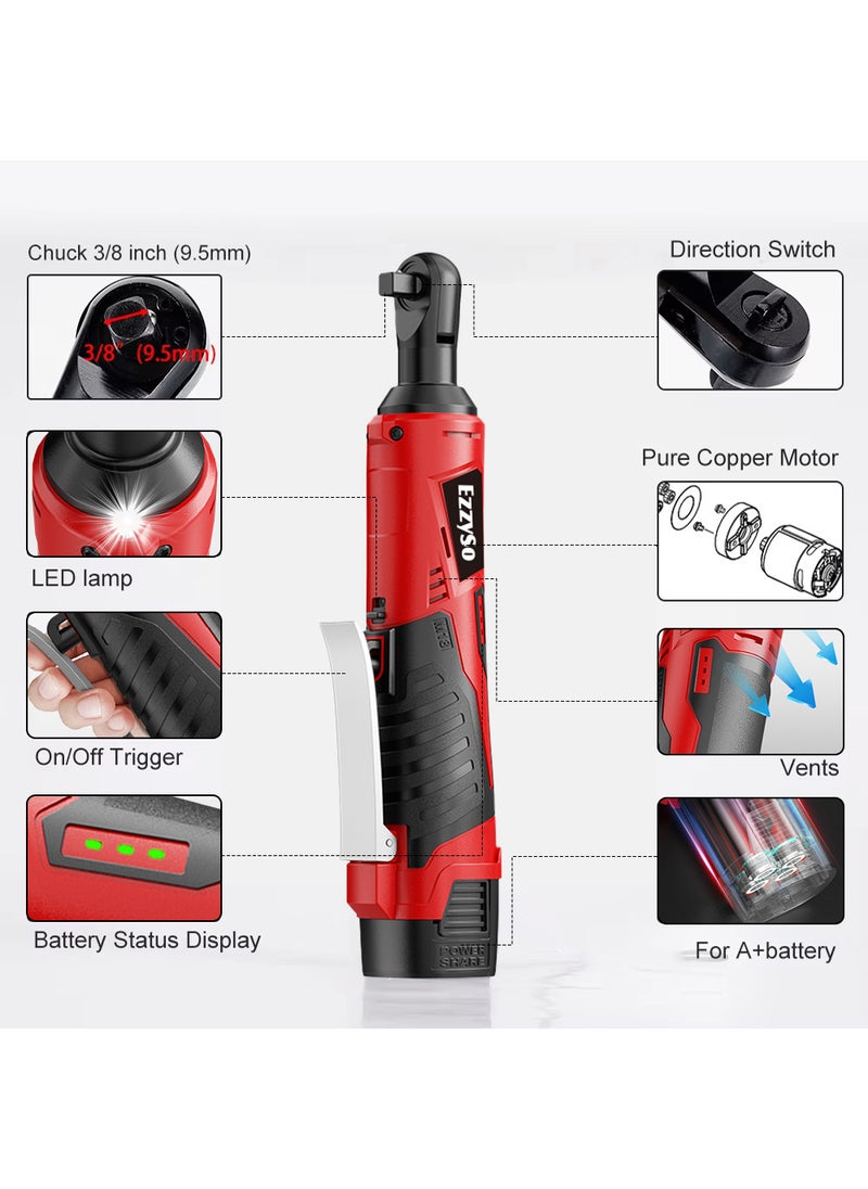 Cordless Electric Ratchet Wrench Set, 3/8 Inch Cordless Electric Wrench 9.5mm Right Angle Ratchet Wrenches 65N.m Rechargeable Car Repair Tool Set Angle Wrench