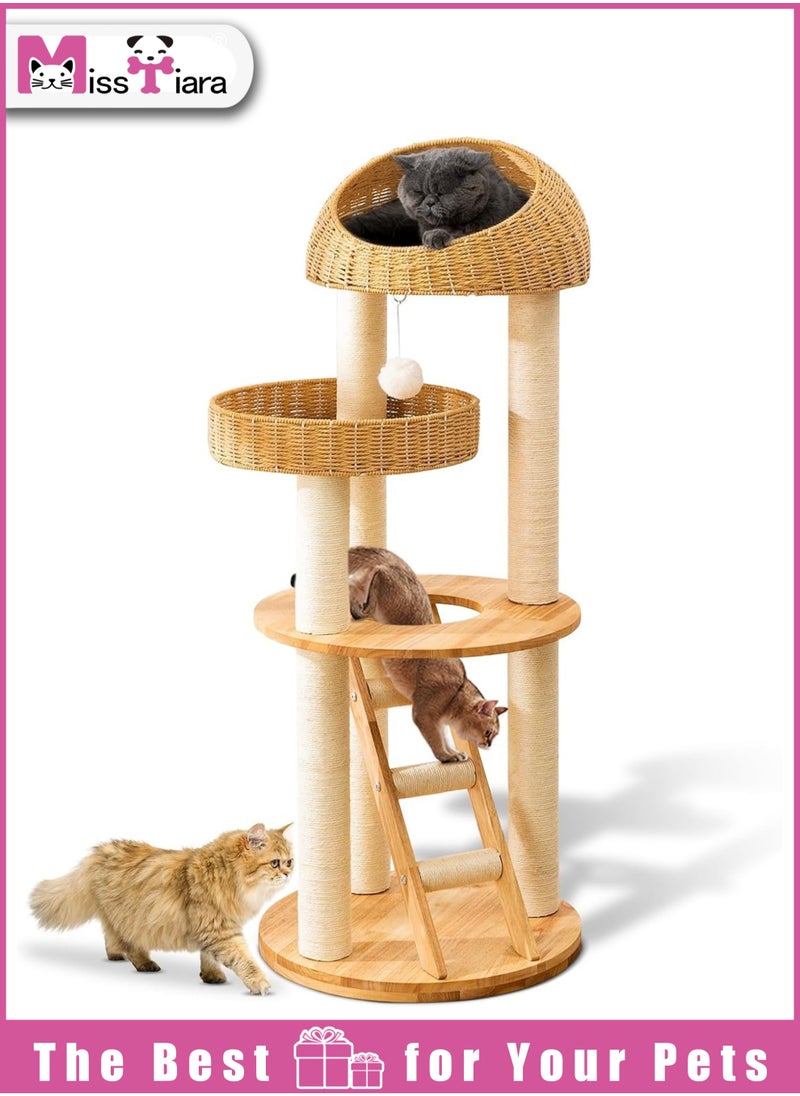MissTiara - Modern Cat Tree Tower for Indoor Cats  Solid Oak Cat Scratching Tree for Multiple Large Cats Manual Hand Woven Luxury Cat Condo, Unique High-end Design Cat Furniture Activity Centre, Easy Clean - Image 1