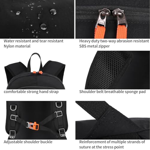 FENGDONG 35L Lightweight Foldable Waterproof Packable Travel Small Hiking Backpack Daypack for men women Black Orange - Image 4