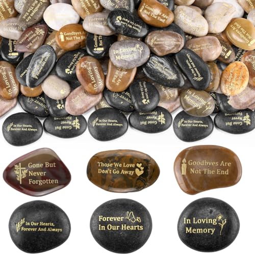 Yuntau 30 Pcs Memorial Stone 197 Inch Celebration of Life Favor Inspirational River Rock Engraved in Loving Memory Funeral Favor Decoration for Fathers Day Gift Deep ColorClassic Style - Image 1