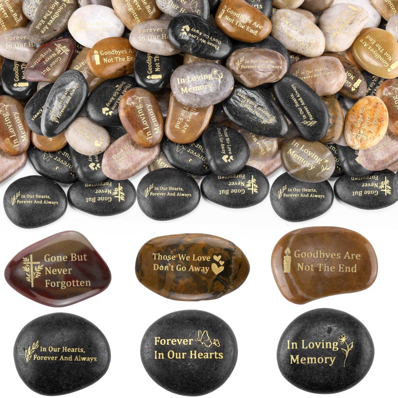 Yuntau 30 Pcs Memorial Stone 197 Inch Celebration of Life Favor Inspirational River Rock Engraved in Loving Memory Funeral Favor Decoration for Fathers Day Gift Deep ColorClassic Style - Image 2