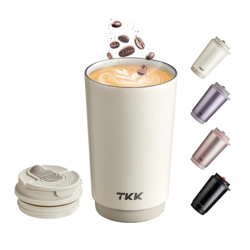 TKK Coffee Cup with Ceramic Coating 14oz Insulated Stainless Steel Travel Mug LeakProof Tumblers with Straw for HotCold Beverages Easy Wide Mouth Cleaning White - Image 1