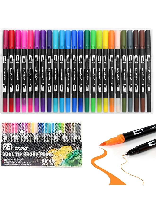 إيروريكس أقلام رسم مكونة من 24 لونًا برأس مزدوج وفرشاة ورأس رفيع للرسم والتلوين والرسم التخطيطي والمذكرات والتوضيح وصناعة البطاقات وأدوات فنية يدوية هدية للأطفال والكبار - Image 1