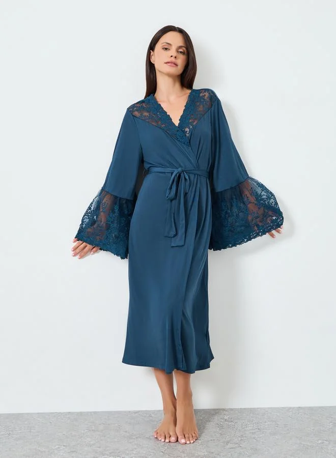 Styli Navy Blue Lace Long Sleeve Robe