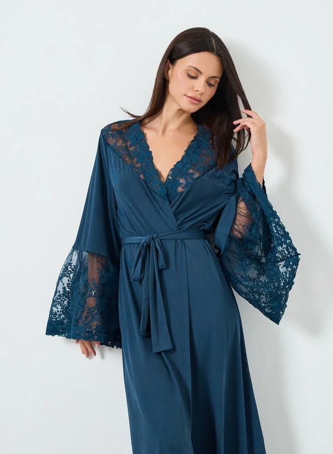 Styli Navy Blue Lace Long Sleeve Robe