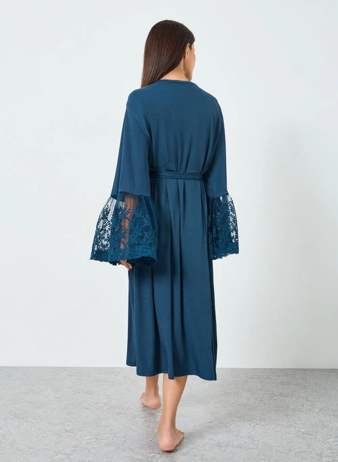 Styli  Navy Blue Lace Long Sleeve Robe for Women | Best Price UAE