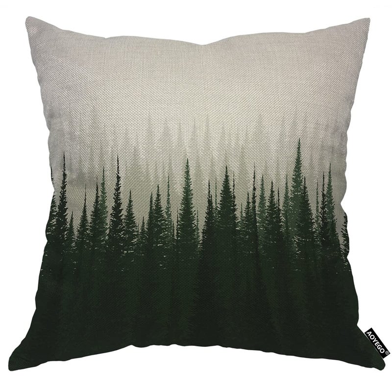 AOYEGO Pine Forest in Morning Throw Pillow Cover Misty Tree Wood Nature Scene Landscape Fog Environment Pillow Case 18x18 Inch Decorative Cotton Linen Square Cushion for Home Couch Bed