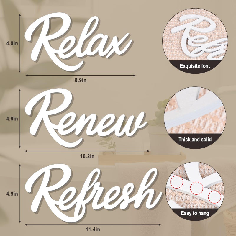 KOYILTD 3 Pieces Bathroom Decor Wooden Bathroom Sign,Relax Renew Refresh Sign (White) - Image 3