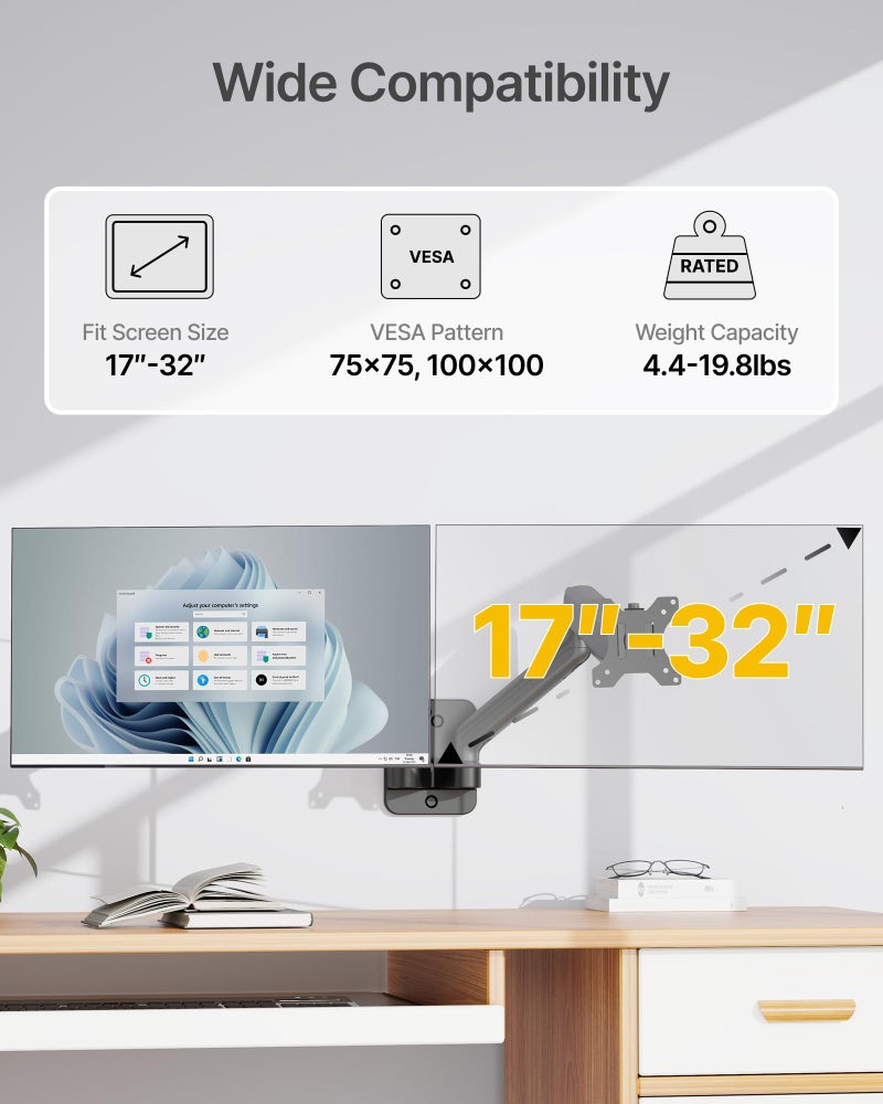 monTEK Dual Monitor Wall Mount for 17 to 32 inch Flat/Curved Screens, Each Holds to 19.8 lbs, Full Motion Adjustable Mechanical Spring Monitor Arm, 75x75/100x100 VESA Wall Mount, Black - Image 2