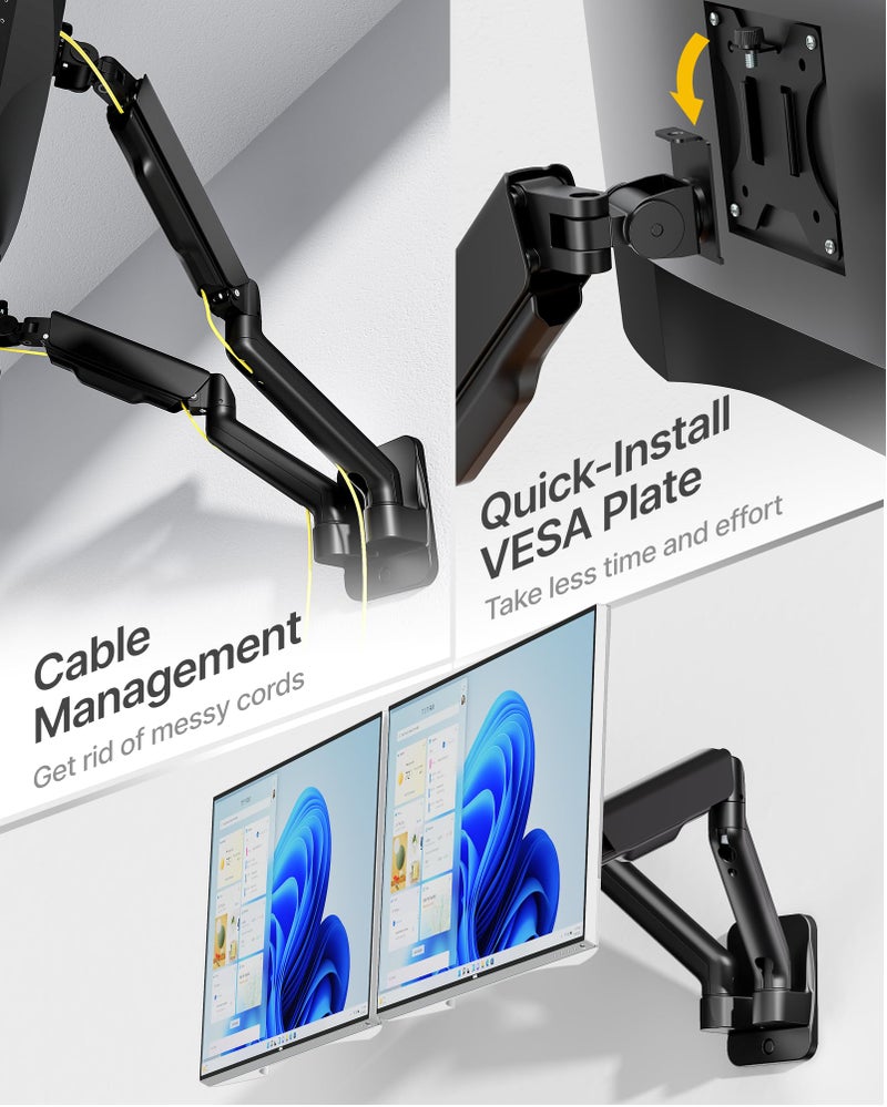 monTEK Dual Monitor Wall Mount for 17 to 32 inch Flat/Curved Screens, Each Holds to 19.8 lbs, Full Motion Adjustable Mechanical Spring Monitor Arm, 75x75/100x100 VESA Wall Mount, Black - Image 4