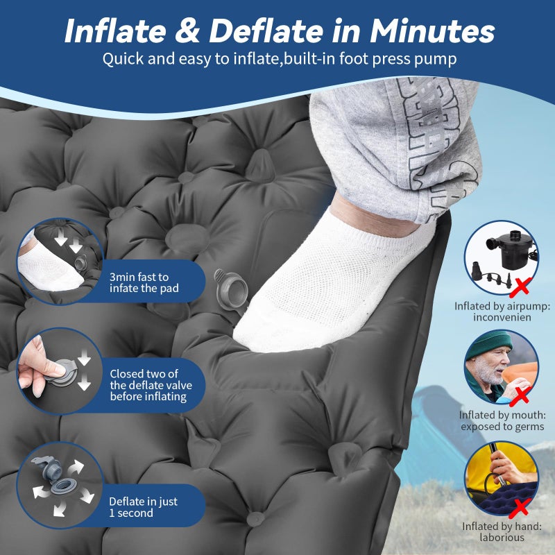 HiiPeak Double Sleeping Pad - Self Inflating 3" Extra-Thick for 2 Person with Pillow Built-in Foot Pump Inflatable Sleeping Mat for Backpacking, Hiking, Traveling, Tent, Portable Camping Mat (Gray) - Image 4