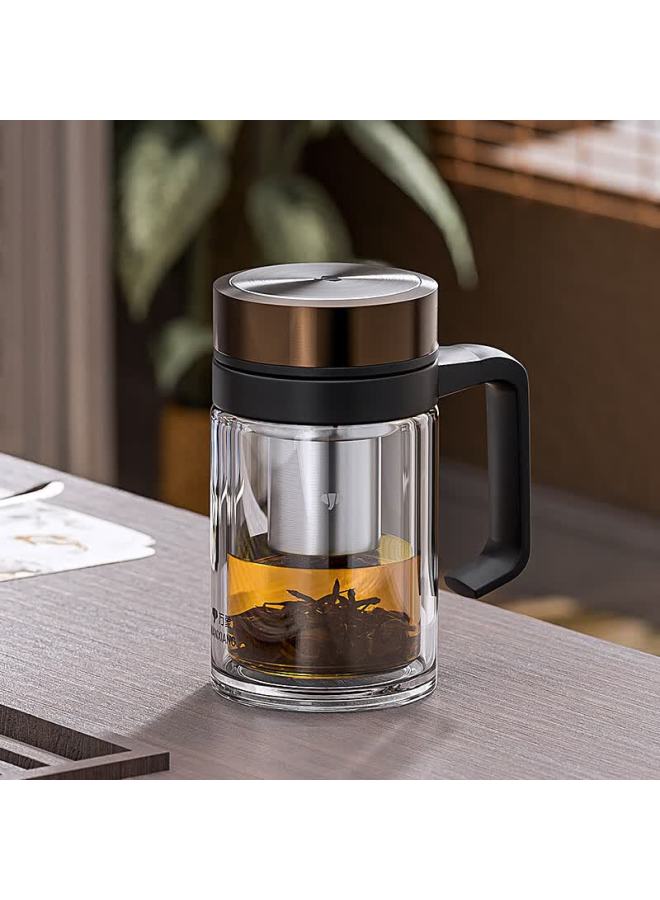 Wanxiang Glass Cup V219 Fashionable Portable Deep Walnut Double-layer Handle Tea Infuser Business Office Water Cup - Image 1