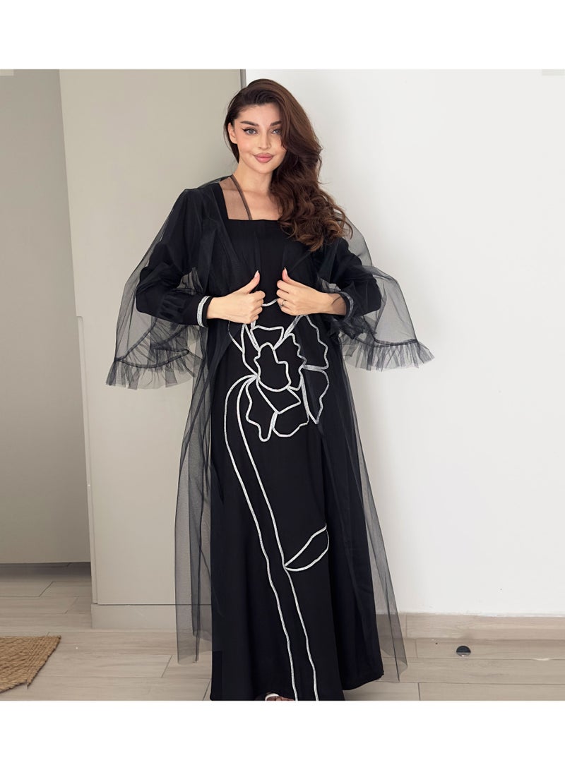 Rosette Abaya Jalabia with Silver Talli embroidery & Sheer Tulle Jacket delicate ruffle Sleeves - Image 1