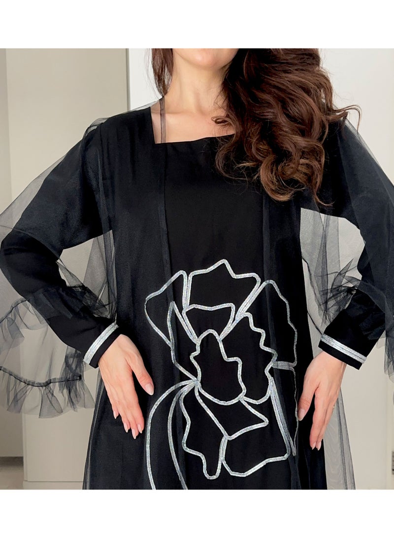 Rosette Abaya Jalabia with Silver Talli embroidery & Sheer Tulle Jacket delicate ruffle Sleeves - Image 2