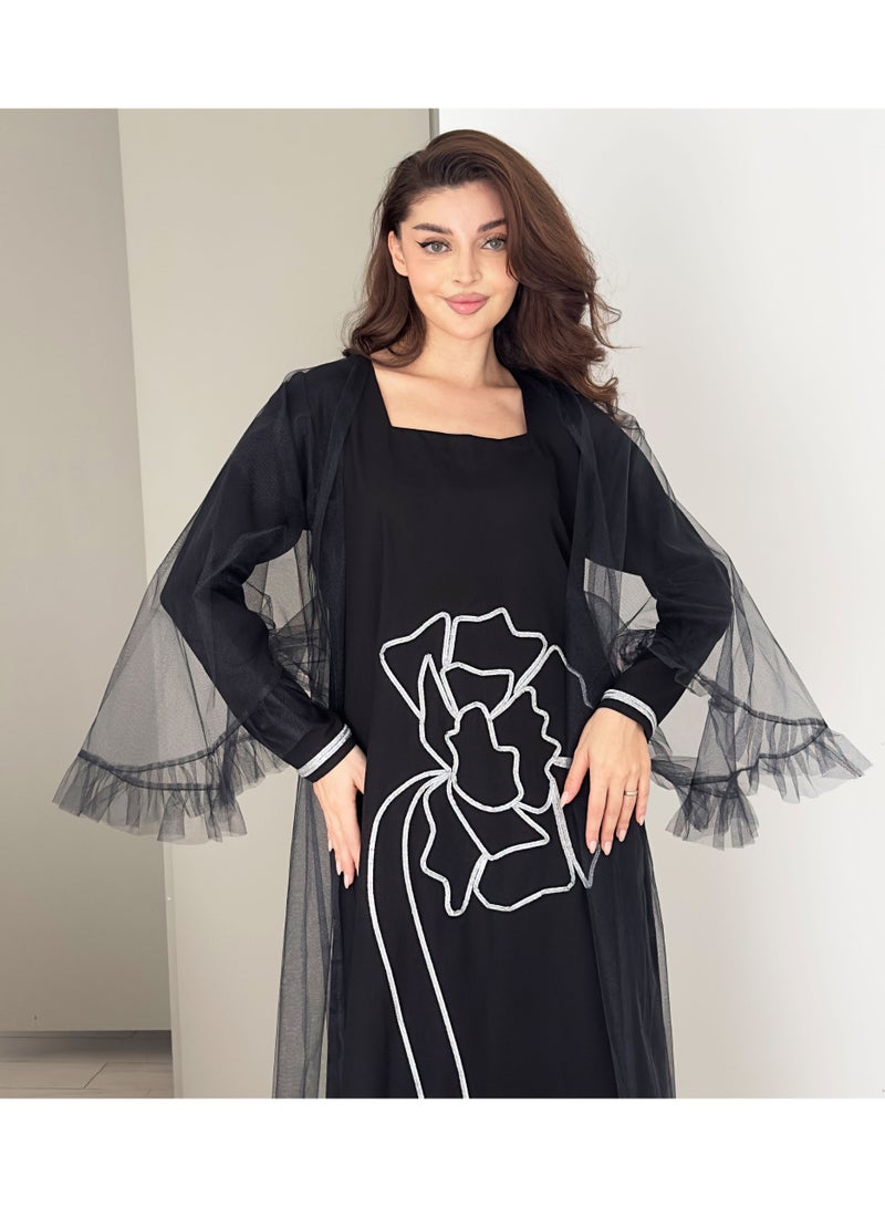 Rosette Abaya Jalabia with Silver Talli embroidery & Sheer Tulle Jacket delicate ruffle Sleeves - Image 4