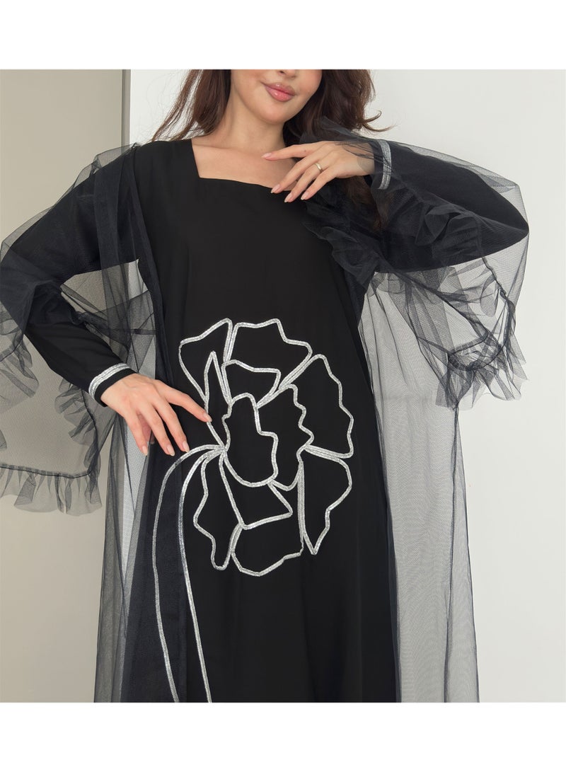 Rosette Abaya Jalabia with Silver Talli embroidery & Sheer Tulle Jacket delicate ruffle Sleeves - Image 3