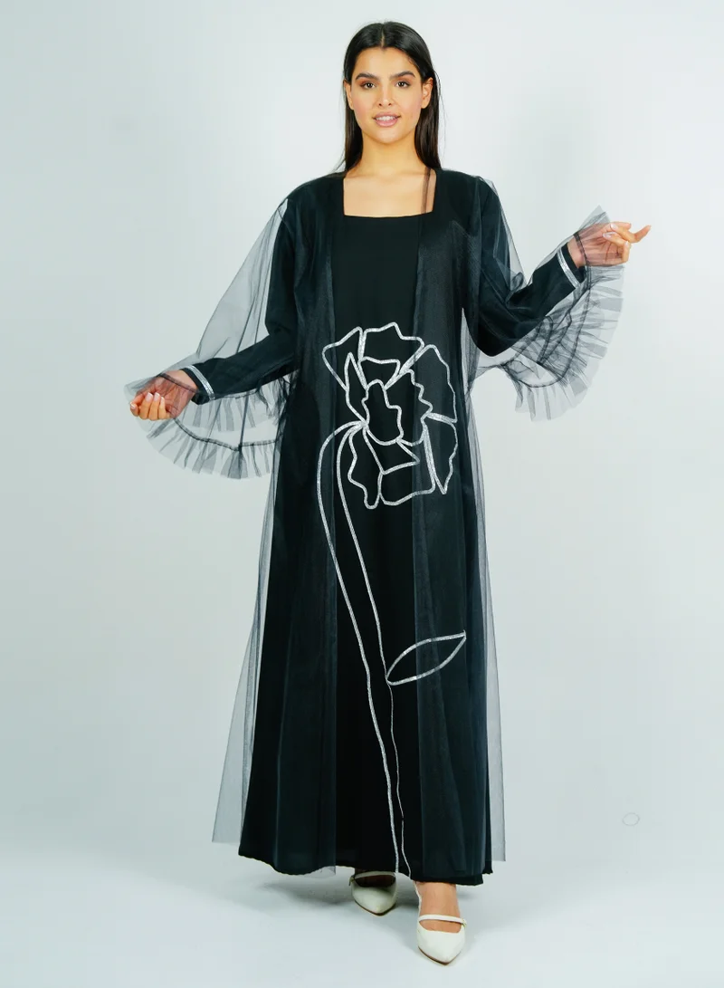 Jalabia with Silver Talli embroidery & Sheer Tulle Jacket delicate ruffle Sleeves