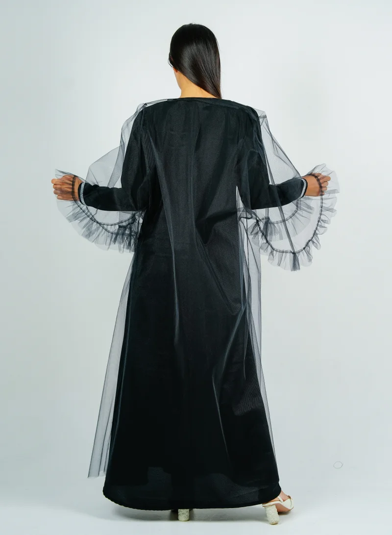 Rosette Abaya  Jalabia with Silver Talli embroidery & Sheer Tulle Jacket delicate ruffle Sleeves for Women | Best Price UAE
