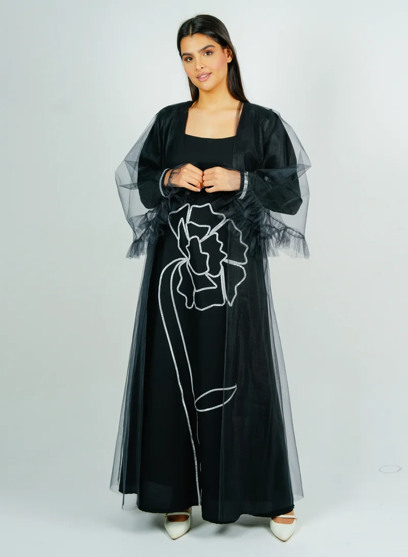 Rosette Abaya  Jalabia with Silver Talli embroidery & Sheer Tulle Jacket delicate ruffle Sleeves for Women | Best Price UAE