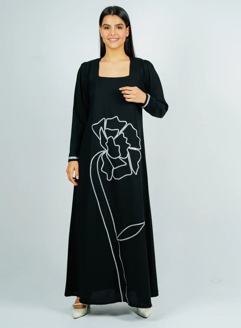 Rosette Abaya  Jalabia with Silver Talli embroidery & Sheer Tulle Jacket delicate ruffle Sleeves for Women | Best Price UAE