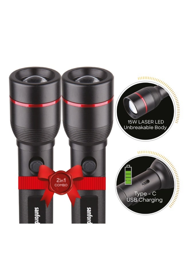 Sanford ECLIPSE-V2 Pack of 2 Searchlight, 1000 Lumens, 15W Laser LED, 1800m Range, 4000mAh Battery, Zoom Function, 5 Modes, Type-C Charging - Image 3