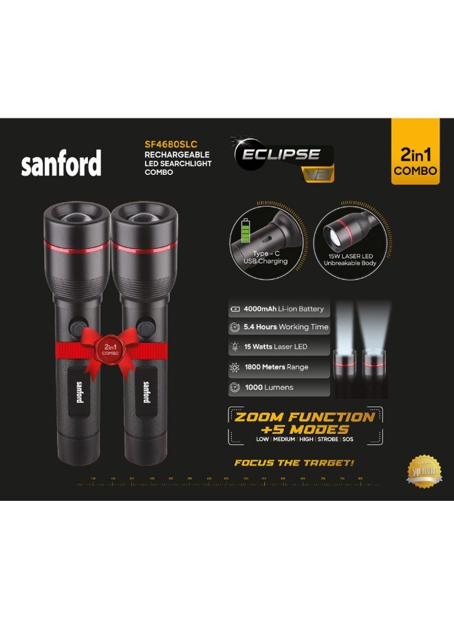 Sanford ECLIPSE-V2 Pack of 2 Searchlight, 1000 Lumens, 15W Laser LED, 1800m Range, 4000mAh Battery, Zoom Function, 5 Modes, Type-C Charging - Image 5