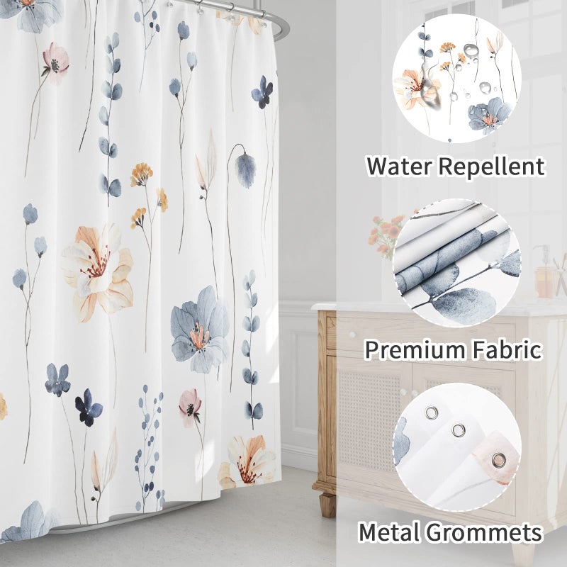 Gibelle Watercolor Floral Shower Curtain, Blue Beige Flower Shower Curtain for Bathroom, Modern Minimalist White Waterproof Fabric Shower Curtain Set 72x72 Inch - Image 3