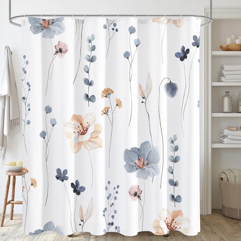 Gibelle Watercolor Floral Shower Curtain, Blue Beige Flower Shower Curtain for Bathroom, Modern Minimalist White Waterproof Fabric Shower Curtain Set 72x72 Inch - Image 1