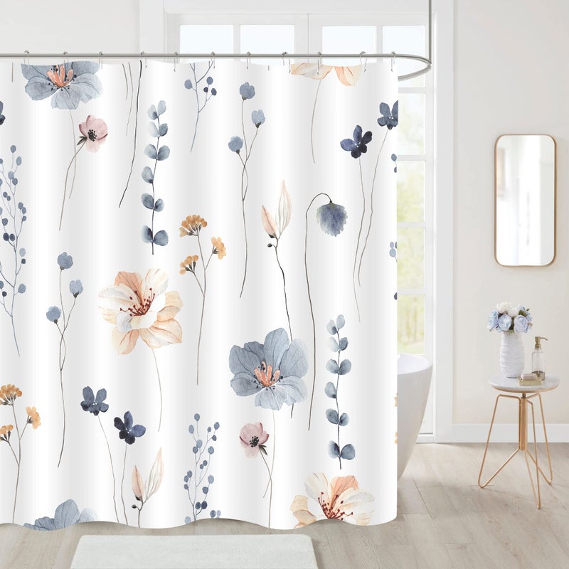 Gibelle Watercolor Floral Shower Curtain, Blue Beige Flower Shower Curtain for Bathroom, Modern Minimalist White Waterproof Fabric Shower Curtain Set 72x72 Inch - Image 2