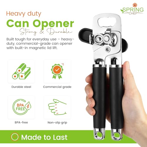 Spring Chef Stainless Steel Can Opener - Manual with Soft Grip Handles, Easy Turn, Heavy Duty Hand Can Openers for Seniors with Smooth Edge - Magnetic Lid Remover - Black - Image 2