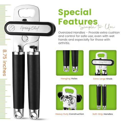 Spring Chef Stainless Steel Can Opener - Manual with Soft Grip Handles, Easy Turn, Heavy Duty Hand Can Openers for Seniors with Smooth Edge - Magnetic Lid Remover - Black - Image 3