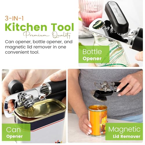 Spring Chef Stainless Steel Can Opener - Manual with Soft Grip Handles, Easy Turn, Heavy Duty Hand Can Openers for Seniors with Smooth Edge - Magnetic Lid Remover - Black - Image 4