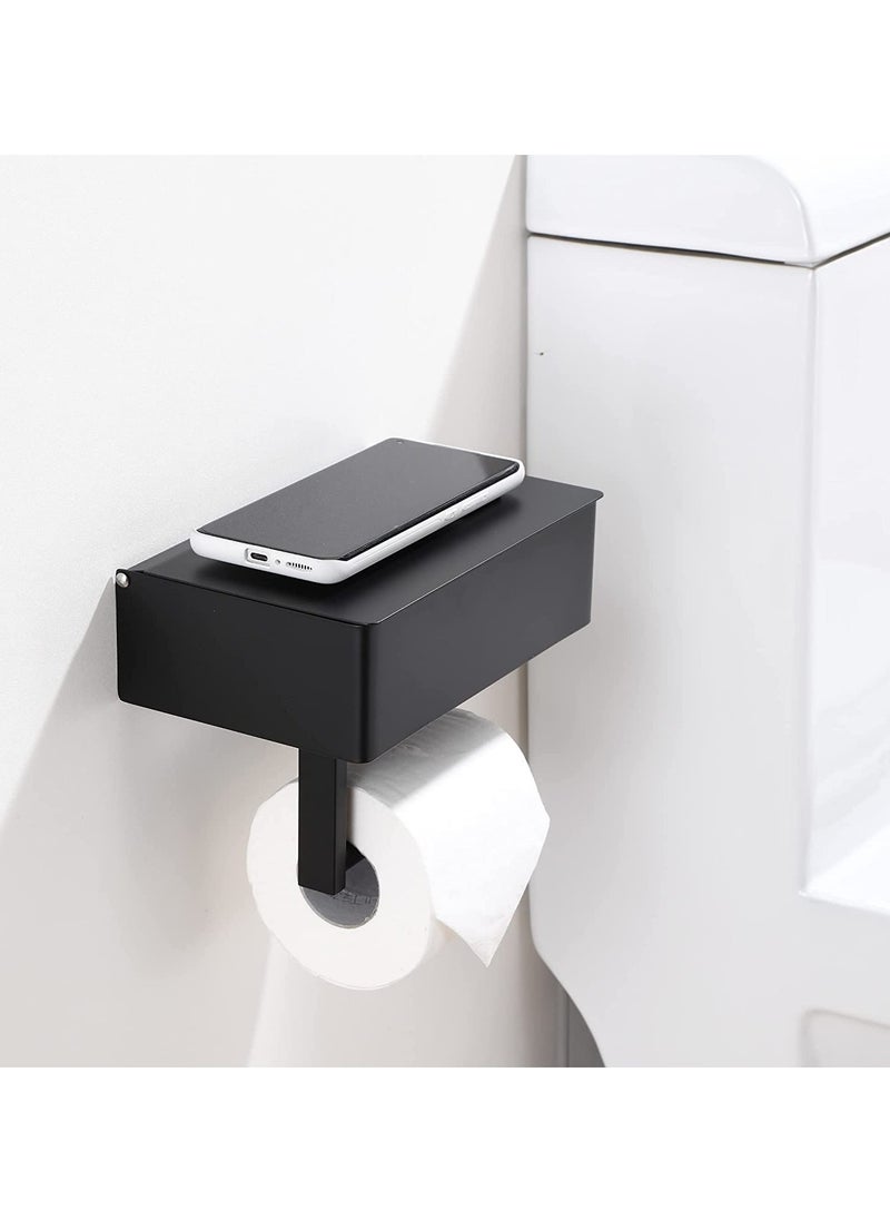 haleemy - Designs Matte Black Toilet Paper Holder with Shelf, Flushable Wipes Dispenser, and Storage for Bathroom - Stainless Steel Wall Mount - Large - Image 1