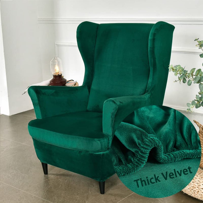 Highdi Wingback Chair Covers 2 Piece Stretch Wing Chair Slipcover Fashion Solid color Velvet Strandmon Sofa Cover Furniture Protector for Armchair Chairs Living Room Bedroom Hotel dark green